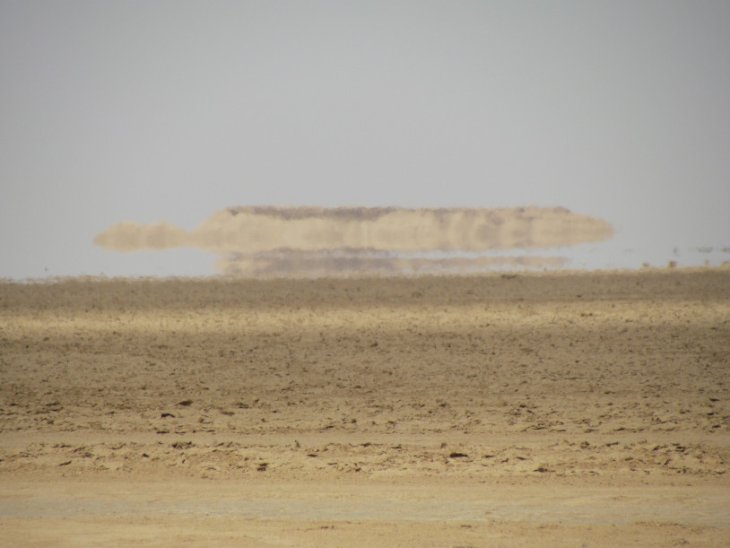 Fata Morgana observed in the Sahara desert, south of the city of Tozeur, Tunisia